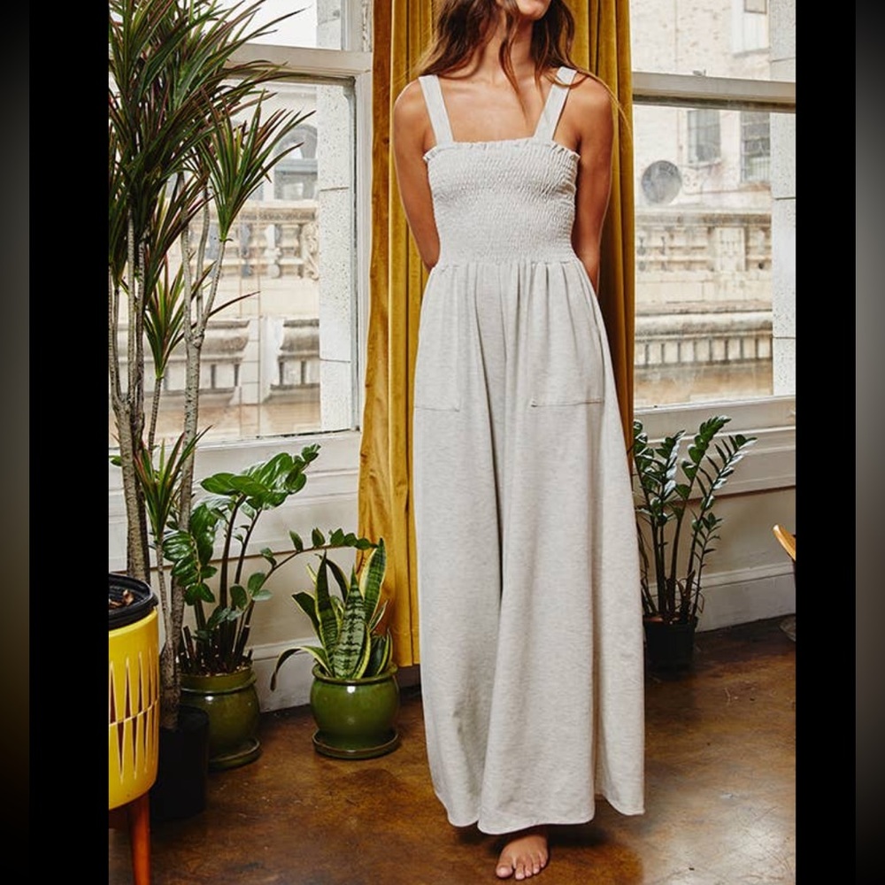 ✨NEW LIST✨ Lightweight French Terry Smocked Top Wide Leg Jumpsuit Bohemian Style